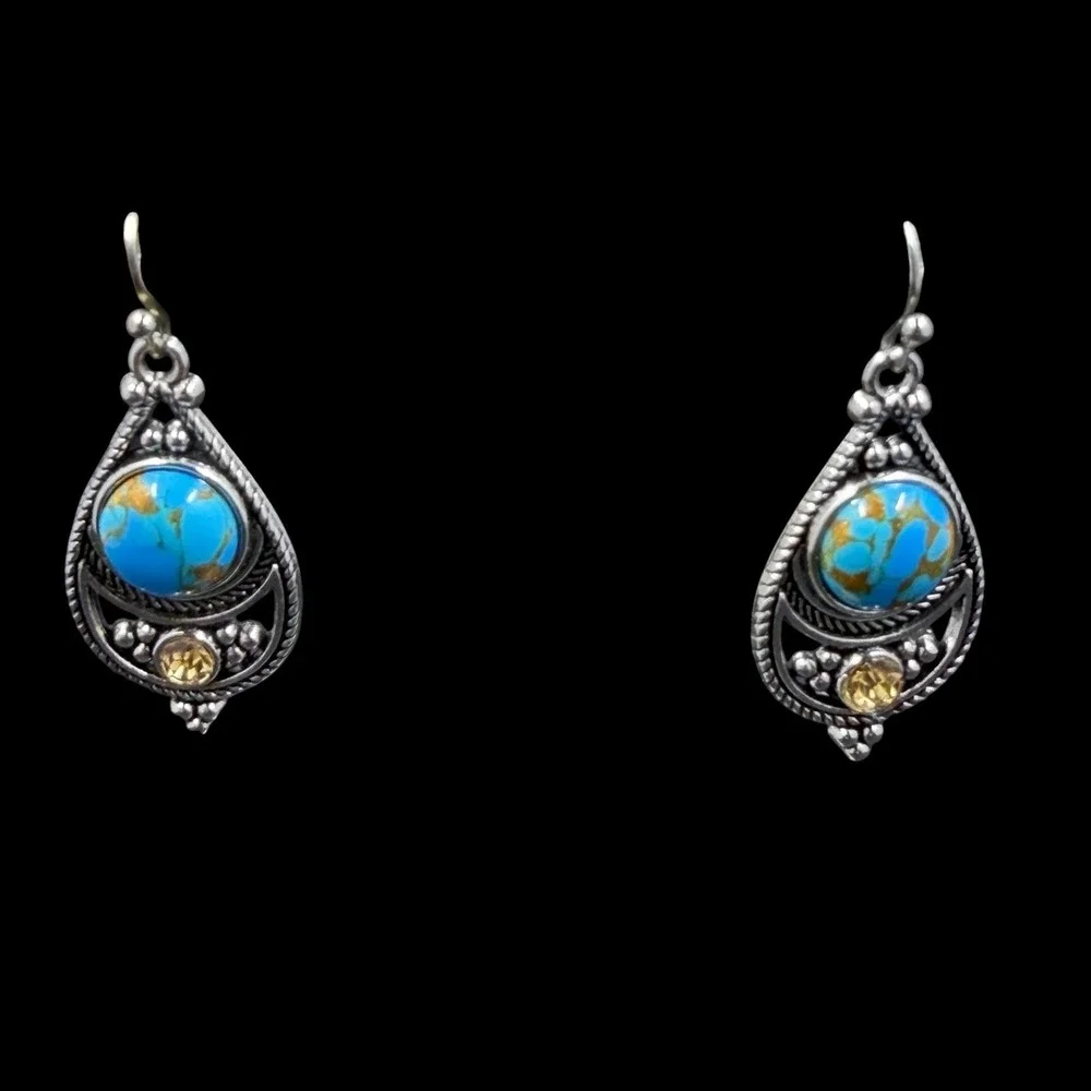 Vintage Southwestern Turquoise Drop Earrings‎ & Stretch Bracelet  Boho Festival